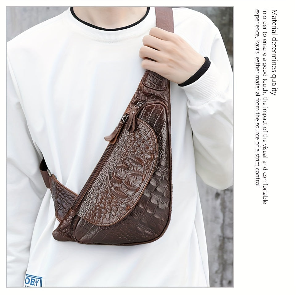 HUMERPAUL Men'S Casual Brown Leather Crossbody Bag with Alligator Print - Adjustable Strap, Multi-Compartment, Everyday Commute Shoulder Bag, Everyday Bag | Casual Style Bag | Adjustable Strap Bag