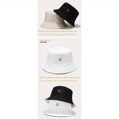 Unisex Black & White Fisherman Hat with joyful Face Embroidery - Double-Sided, Sporty Polyester Bucket Hat for Men and Women, Ideal for Outdoor Activities, Outdoor Hat | joyful Face Embroidery | Durable Headgear