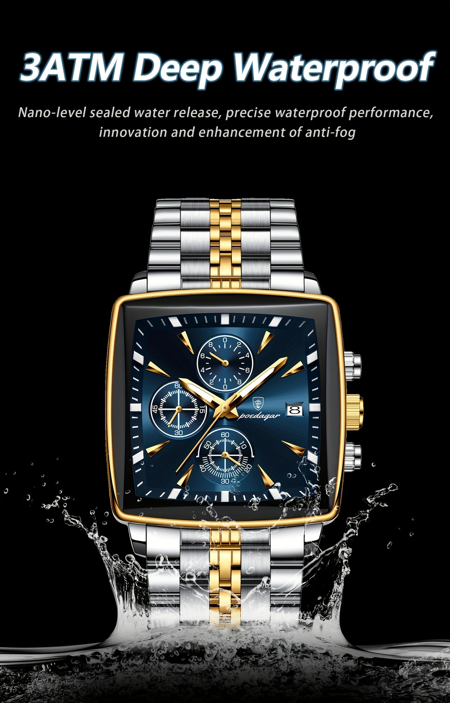 POEDAGAR Men's Stainless Steel Luminous Watch - Blue Dial Chronograph, High Quality Quartz Movement with Date Calendar, Golden-Tone Accents for Business Casual & Casual Attire, Formal Accessory, Stylish Accessory, Refined Cra