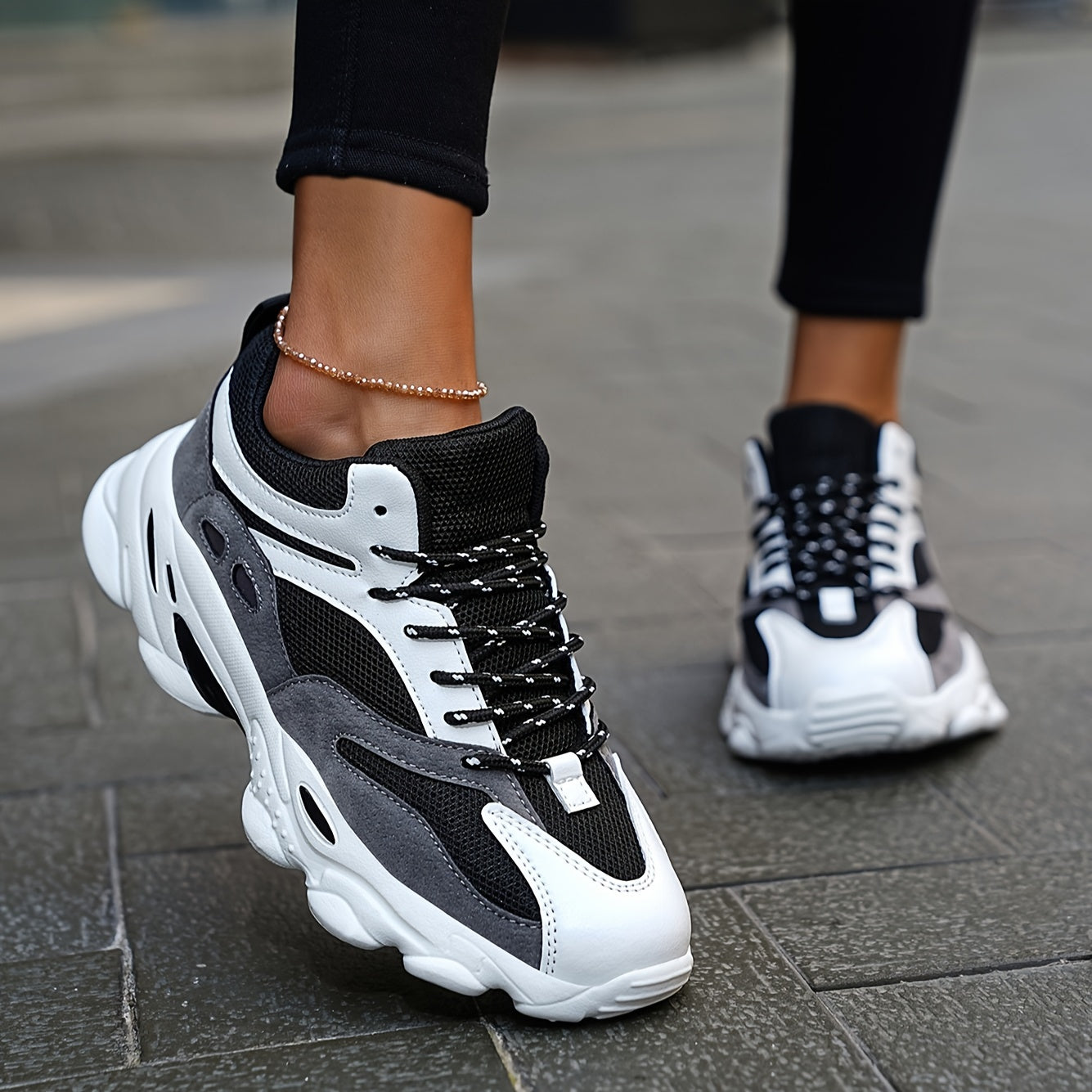 Thick Sole Shock Absorption Chunky Sneakers, Mesh Breathable Lightweight Lace Up Running Shoes, Low Cut Wear Resistance Sport Shoes