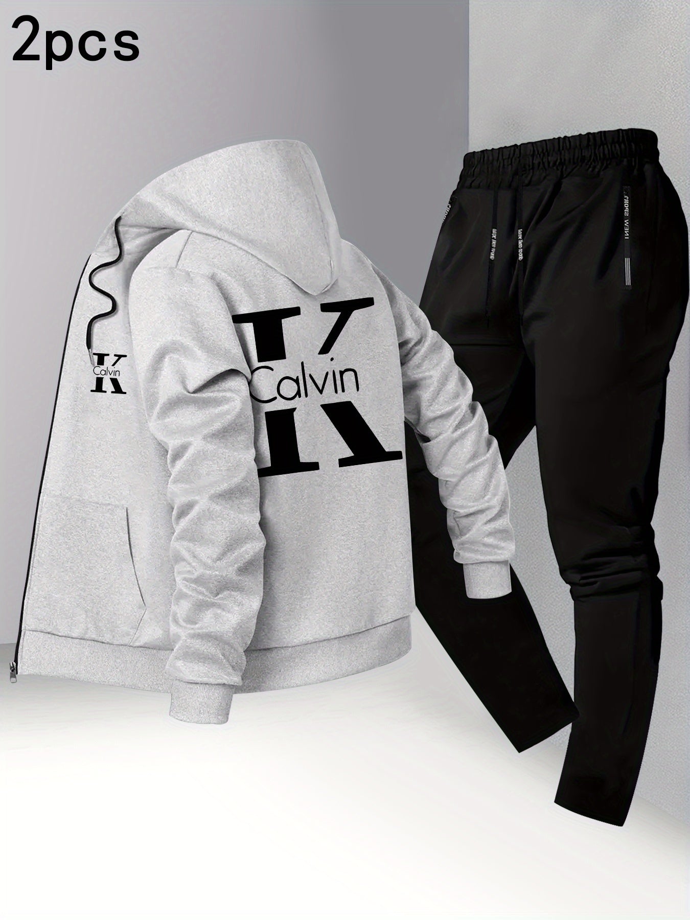 Men's Trendy Autumn/Winter Hooded Jacket and Shirt Two-Piece Set with CK Print, Casual Business Outfit, Youth Leisure Baseball Uniform Stand Collar Suit
