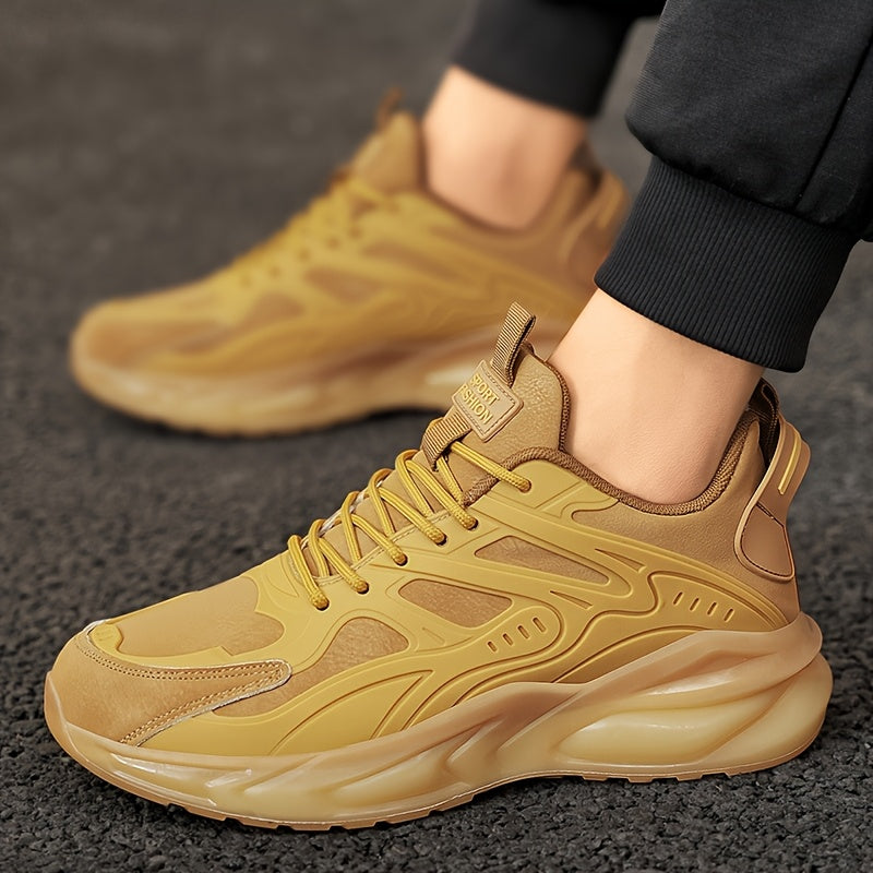 Men's Casual Sneakers - Breathable Low-Top Lace-Up Design, Durable PU Upper & Cushioned PVC Sole for All-Season Comfort - Black with Yellow Accents - Ideal for Running, Hiking, Daily Wear, Hiking Footwear, Stylish Contrast Ac
