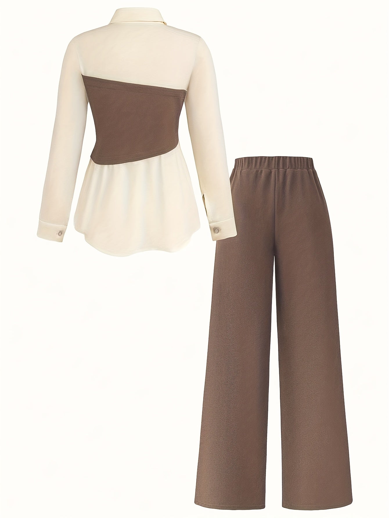 Elegant daily commuting two-piece set for ladies, featuring a color-blocked and pieced-together shirt and wide-leg trousers, suitable for all four seasons and machine washable.