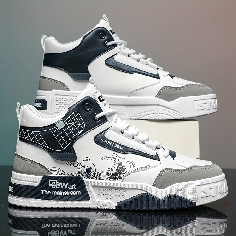1pair Men'S Fashion Skateboarding Sneakers, High-Top Midsole with Lace-Up Closure, Faux Upper, Cartoon Wave Pattern, Comfortable Non-Slip PVC Sole, Breathable Fabric Lining, Casual Street Style Shoes for Outdoor Activities