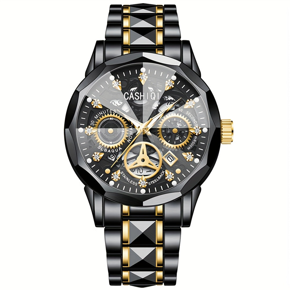 CASHIQI Brand Men'S Steel Strap Quartz Watch with Rhombus Dial, Sparkling Decoration, Calendar, And Luminous Display, IPX7 Waterproof Hollow Quartz Watch for Business, Travel, And Casual Wear - A Perfect Gift Choice.