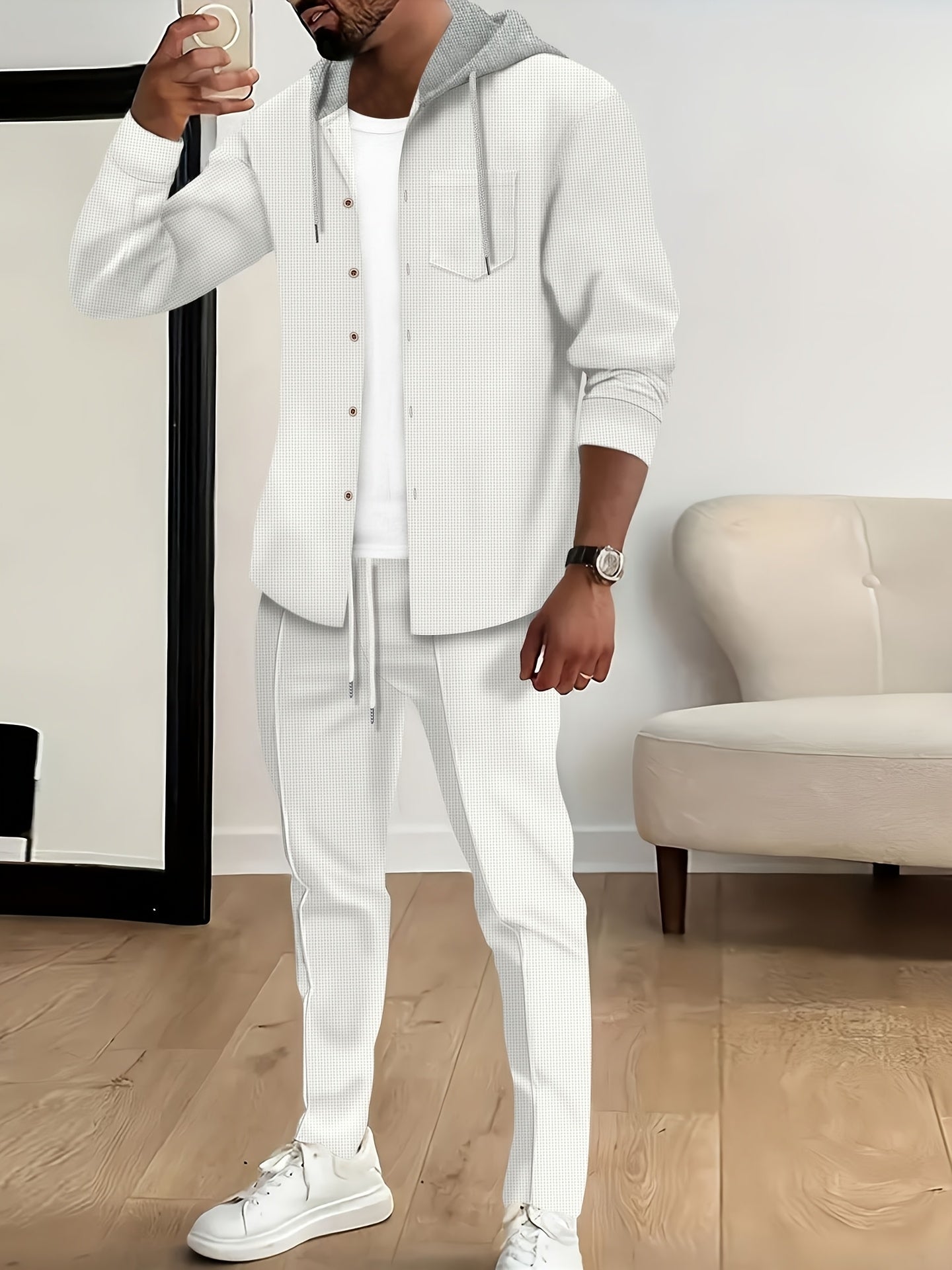 New Long Sleeve Buttoned Hooded Jacket and Rope Pants Set for Spring and Autumn, Waffle Solid Classic Men's Sports 2pcs Sports Suit - Sports Suit for Outdoor Sports Enthusiasts, Breathable and Comfortable