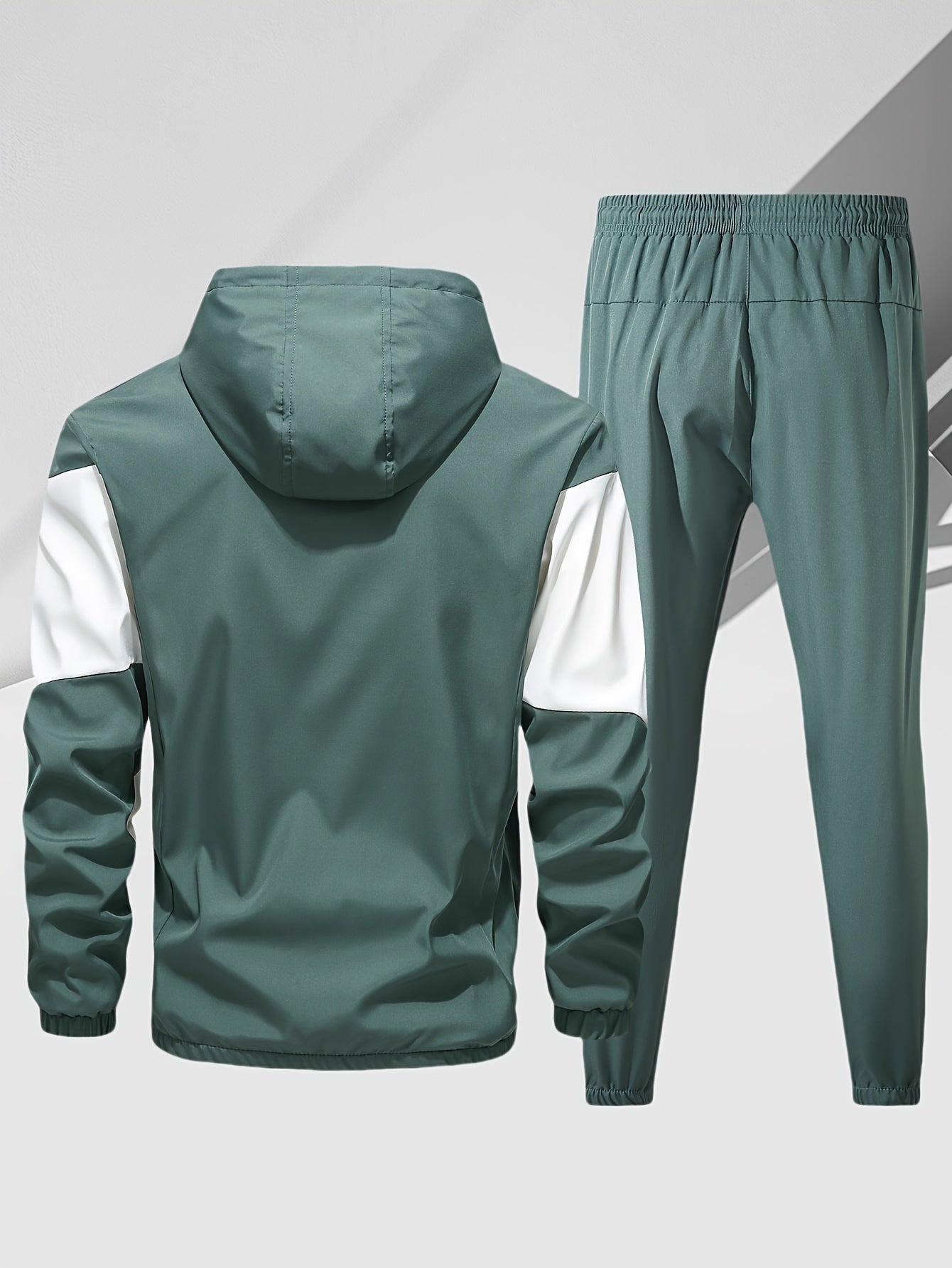 Men's Casual 2-Piece Outfit, Stylish Color Block Zip Up Hooded Jacket, Breathable Solid Color Drawstring Pants