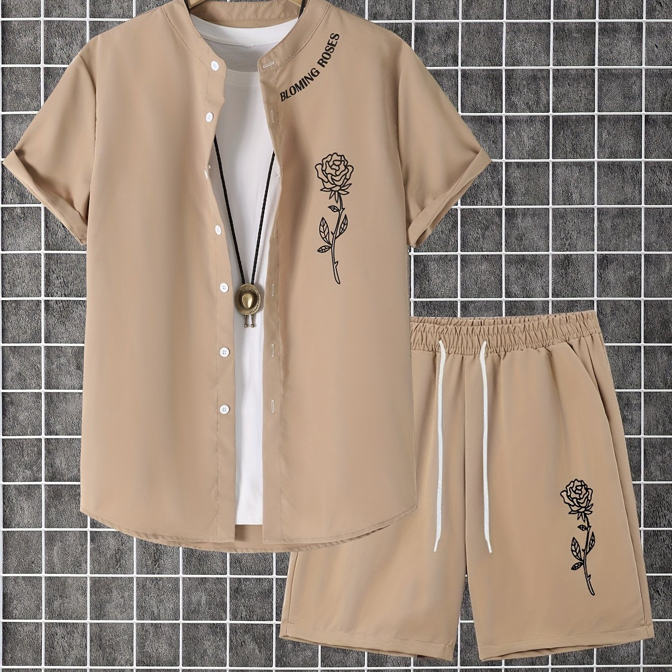 2pcs Printed Men's Summer Short Sleeve Button Shirt and Shorts Set