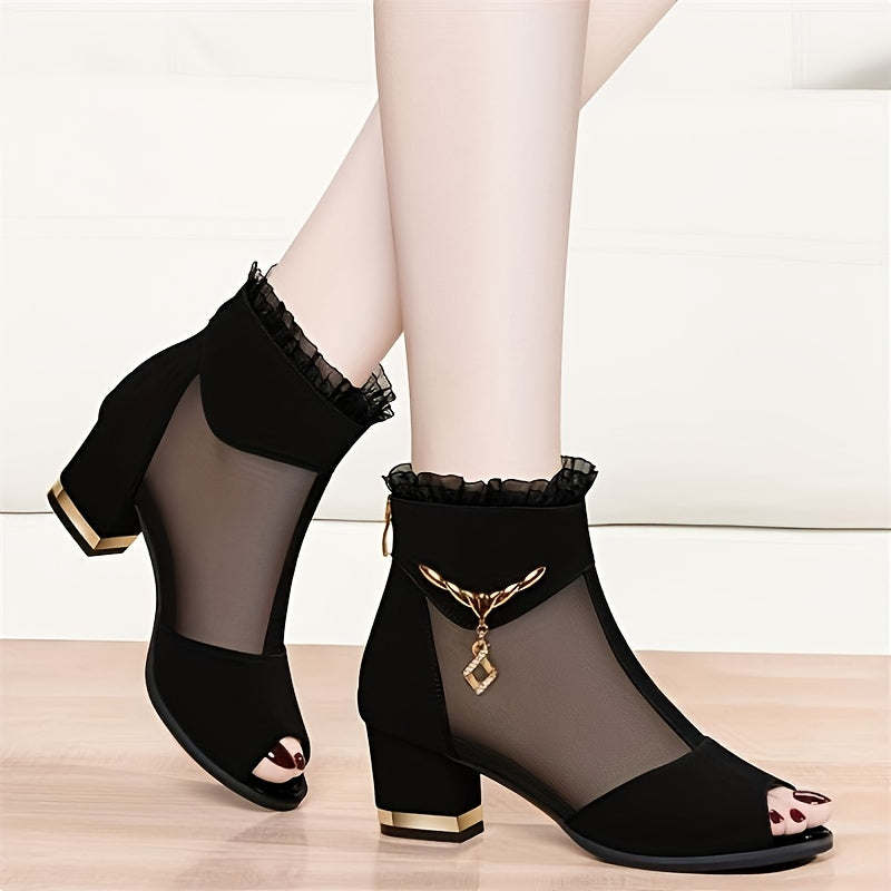 Elegant Black High-Heel Sandals with Mesh Upper - Comfortable Block Heel, Open Toe Design, Stylish Zipper Closure, Perfect for Summer Formal Wear, Formal Footwear|Elegant High Heel|Zipper Closure Sandals