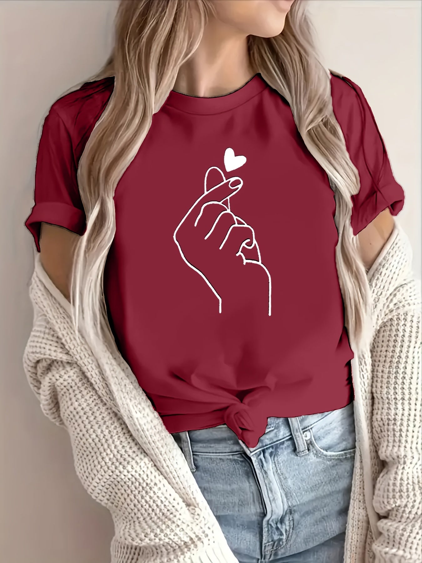 Finger Heart Print T-Shirt, Short Sleeve Crew Neck Casual Top For Summer & Spring, Women's Clothing