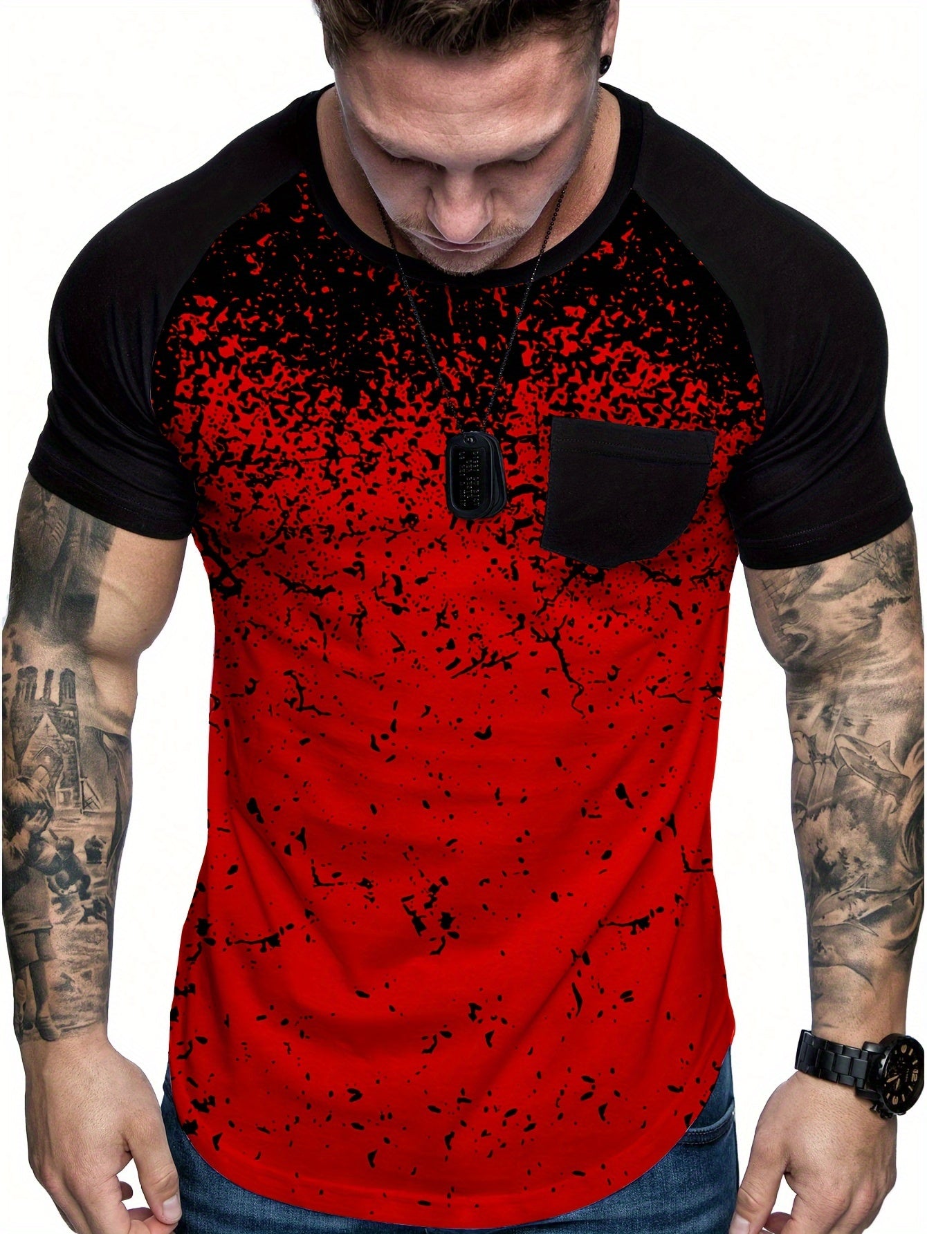 Chic Printed T-shirt, Men's Casual Street Style Stretch Round Neck Tee Shirt For Summer