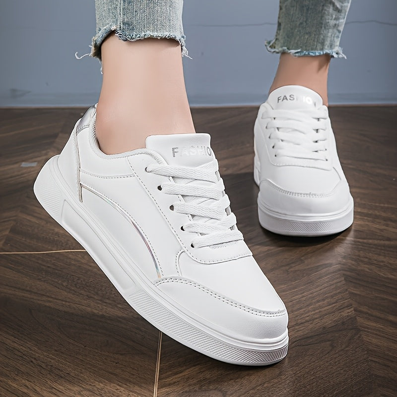 Youngsters' Fashion Sneakers - White PU Upper with Golden Accents, Comfortable & Lightweight Casual Running Shoes for Boys and Girls, All-Season Wear, Low-Top Lace-Up Design, Outdoor Youngsters's Footwear | Fabric Lined Inter
