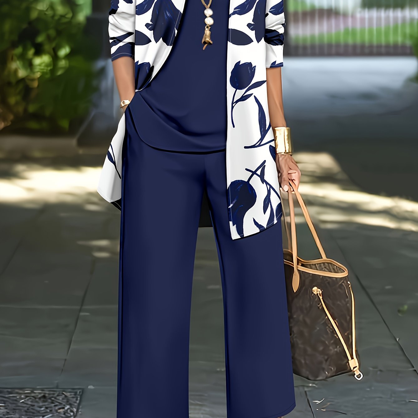 New Fashionable Elegant Simple Casual Women'S Printed Shirt Pants Jacket Set Three-Piece