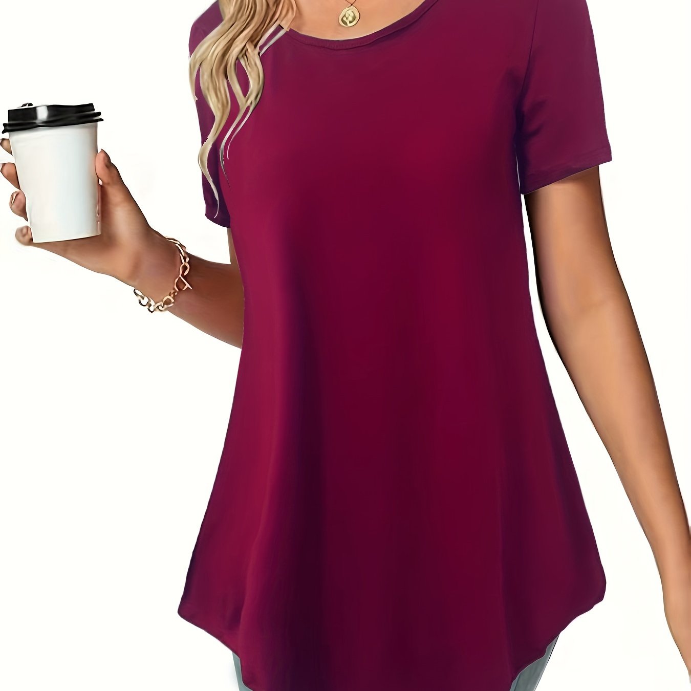 Asymmetrical Hem Crew Neck T-shirt, Short Sleeve Casual Top For Summer & Spring, Women's Clothing