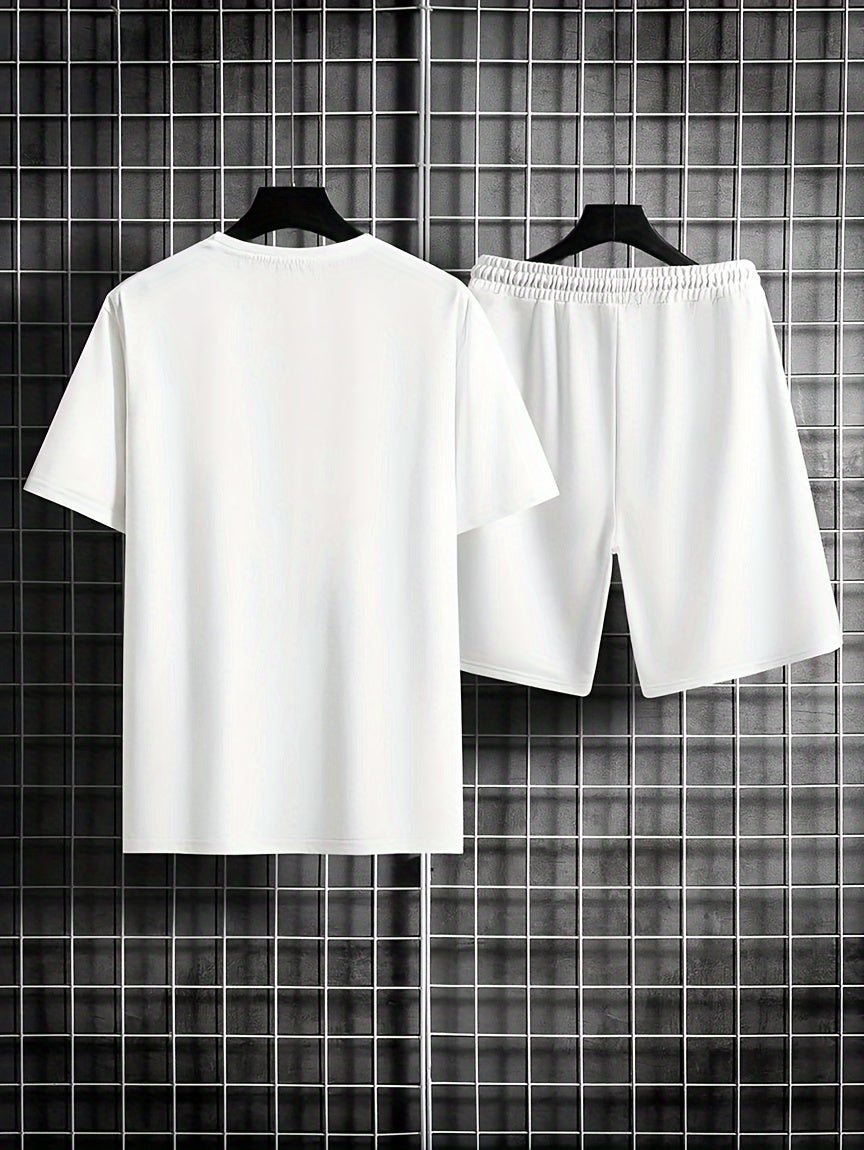 Men'S Casual 2pcs Set, Los Angeles Print, Short Sleeve Crew Neck T-Shirt & Knee-Length Shorts, Polyester & Spandex Blend, Comfortable Home Wear, All-Season Knit Fabric with Pockets, Regular Fit