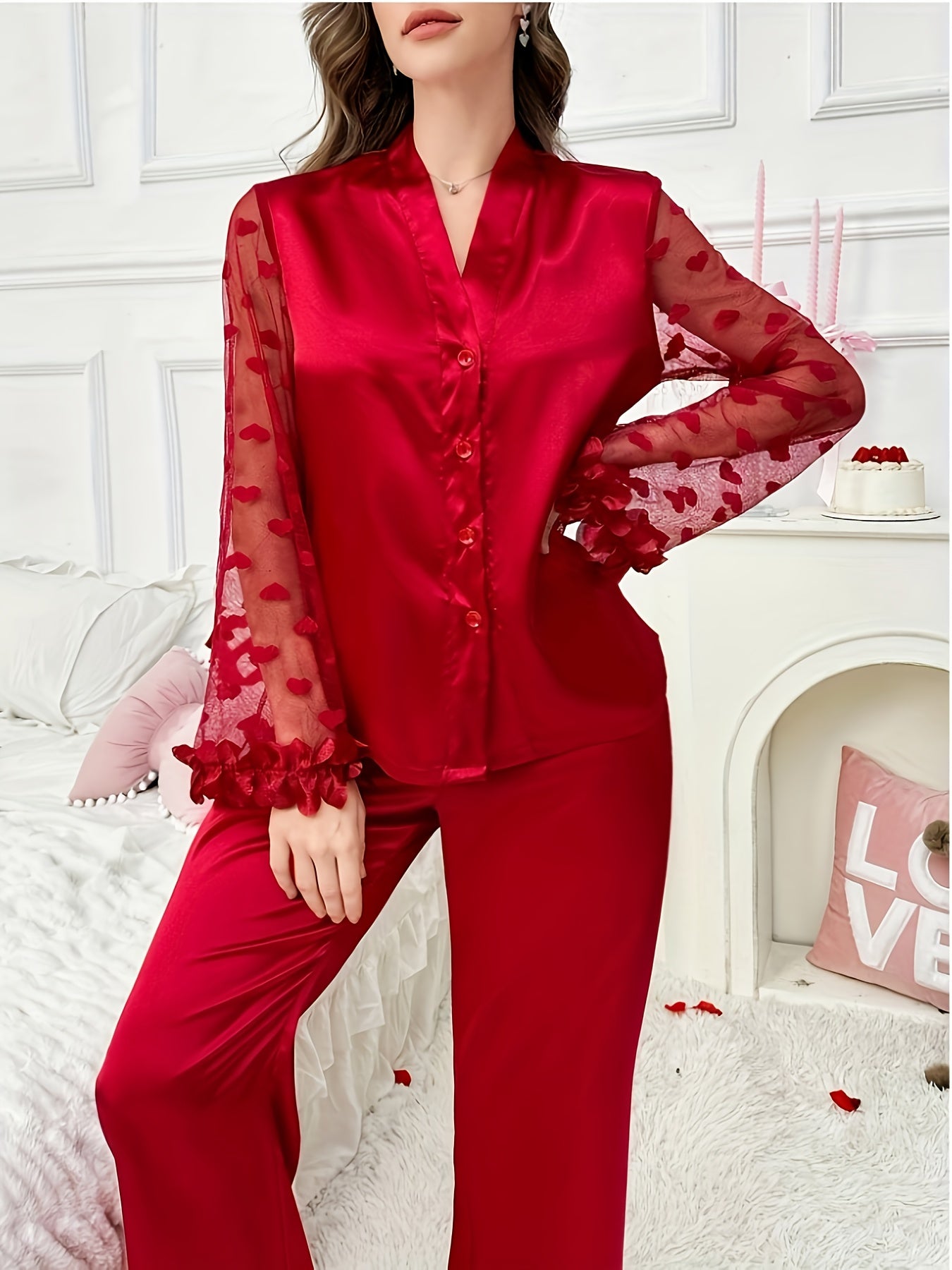 Elegant Women'S Lace-Trimmed Long Sleeve Pajama Set - Vibrant Red V-Neck Loungewear with Floral Lace Detail, Soft Polyester Blend for All Seasons