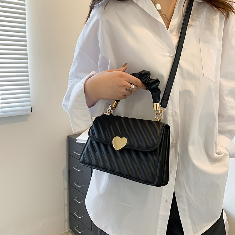 Women'S Fashion Shoulder Bag, Korean Version, Faux Leather, Quilted Solid Color, Heart Accent, Removable Strap, Magnetic Closure, Synthetic Faux Leather Lining, Painted Edges, Versatile Crossbody Purse - Available in Black, R