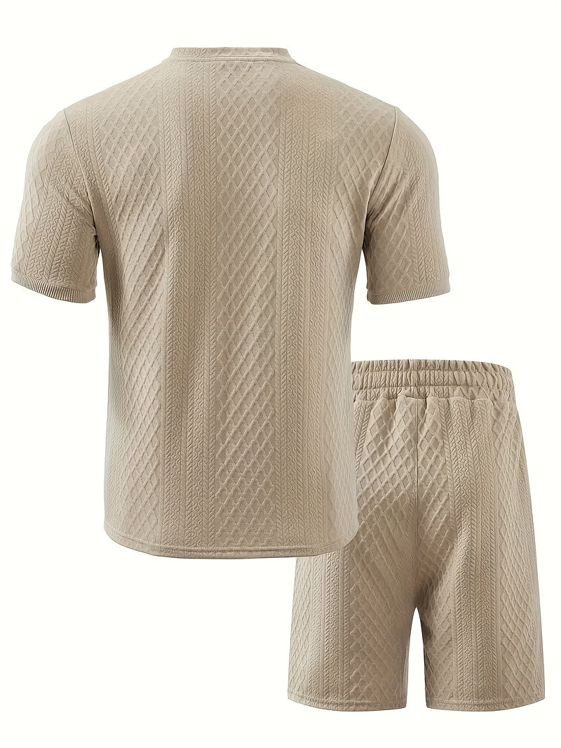 Two-Piece Set, Men'S Summer Outfit, Jacquard Set, Round Neck Short Sleeve, Drawstring Shorts, High Weight Fabric, Casual Ensemble.