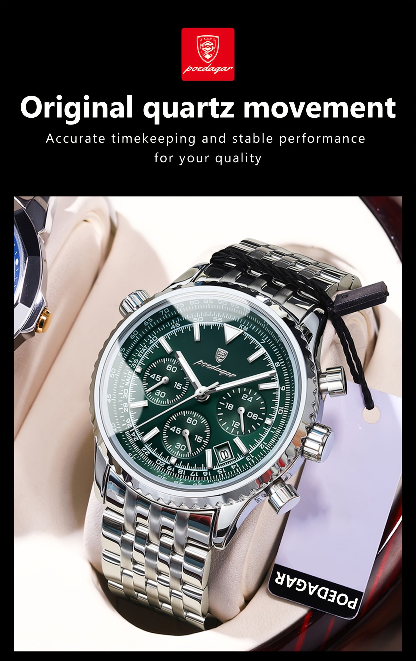 Berda Tomato Business Dominant High-end Luxury Stainless Steel Watch Waterproof Luminous Calendar Quartz Men's Watch, POEDAGAR