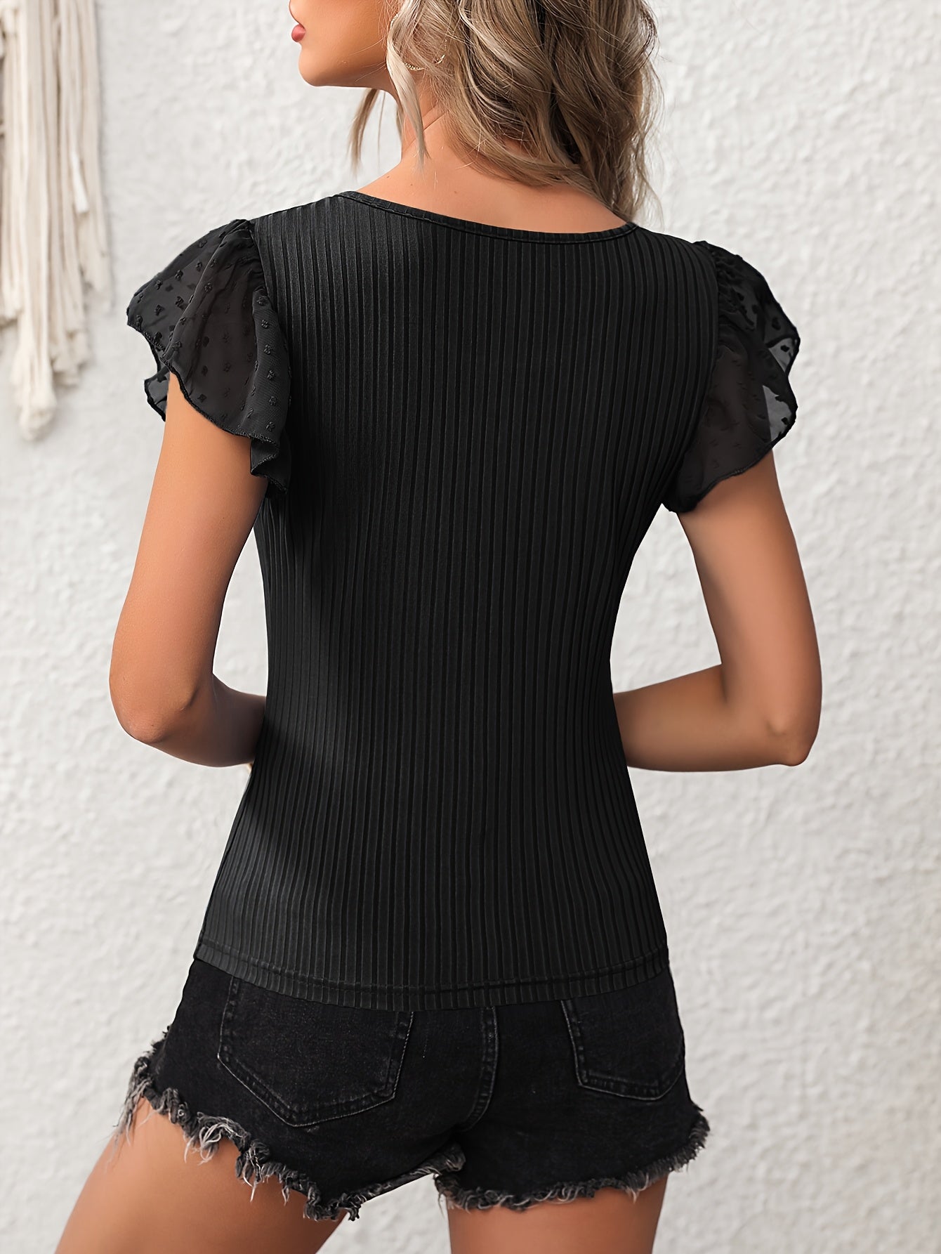 Women's Black Mesh Panel Puff Sleeve Round Neck T-Shirt - High Elasticity Breathable Top for Spring Summer Fall, Casual & Formal Wear, Seasonal Wardrobe Staple, Elegant Blouse, Stretchy Material, Stylish Blouse, Office Attire