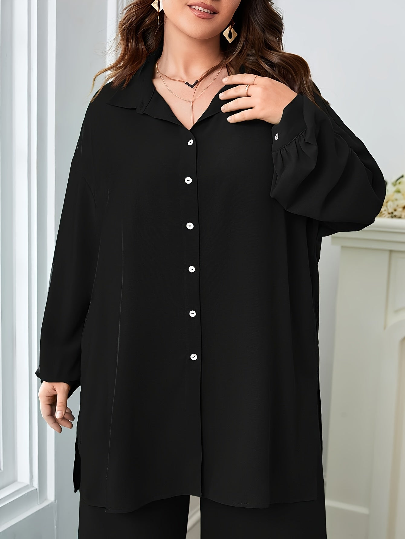 Elegant Plus Size Women'S Two-Piece Set: Stylish V-Neck Blouse & Wide Leg Pants - Perfect for Formal Occasions, Plus Size Blouses