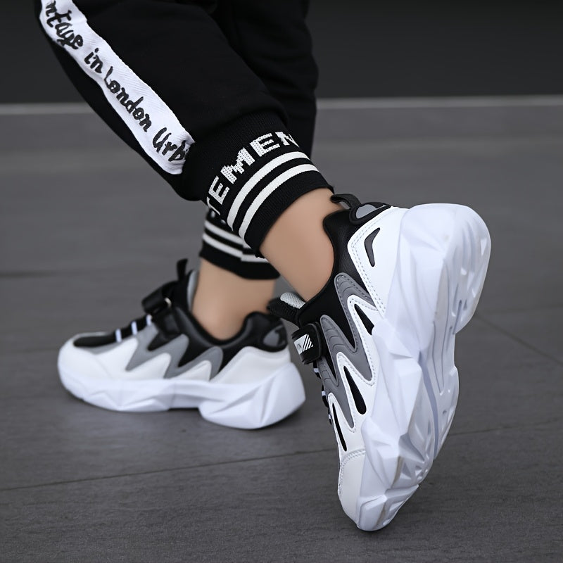 Boys' Athletic Sneakers with Hook-and-loop Fastener Strap - Casual Outdoor Sports Shoes, PU Upper, EVA Sole, Striped/Diamond Pattern, All-Season Wear, Boy Shoes