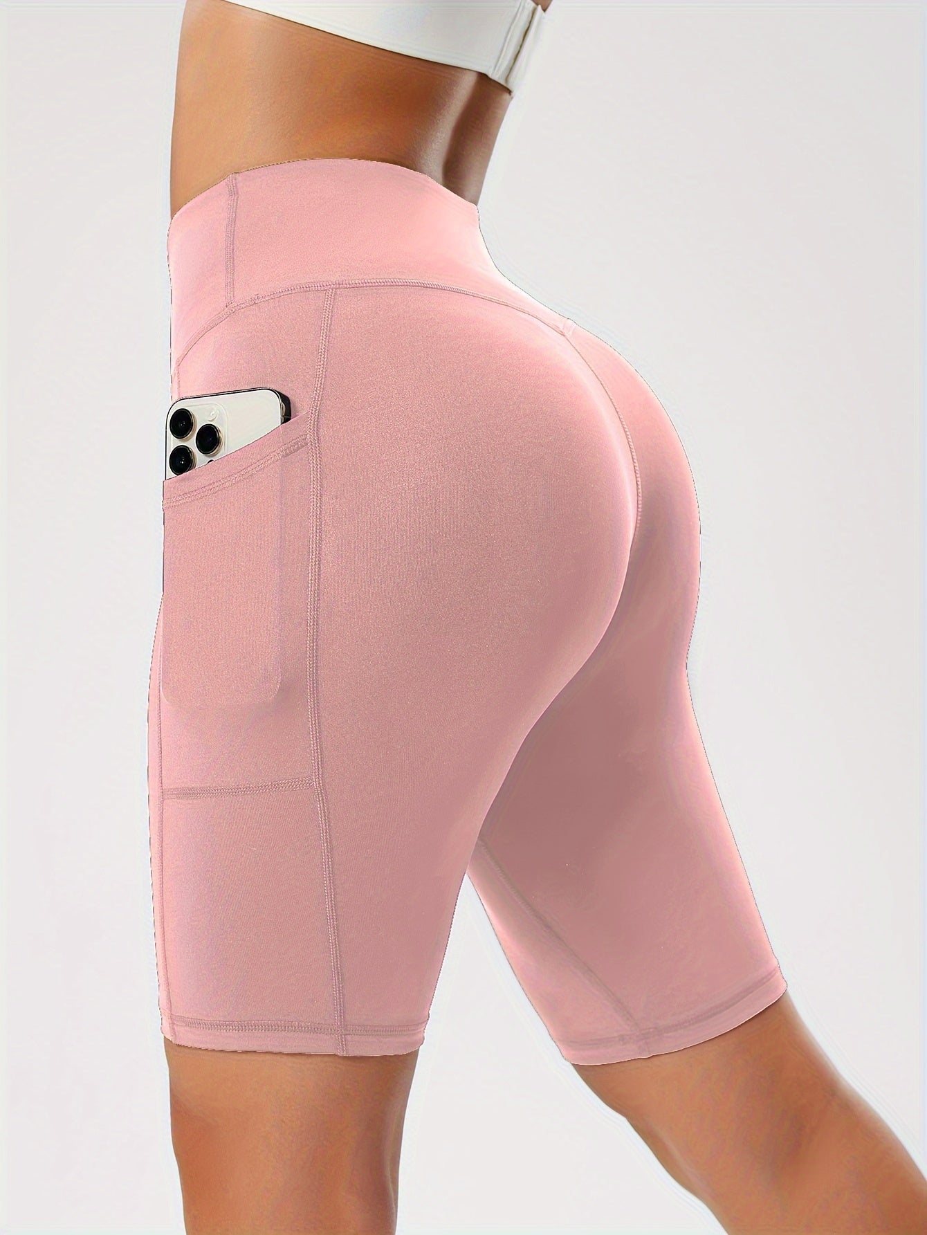 Women's High-Waist Black Yoga Shorts with Pockets - Tummy Control, Stretchy Running & Workout Leggings, Durable Polyester/Spandex Blend, Sleek Design