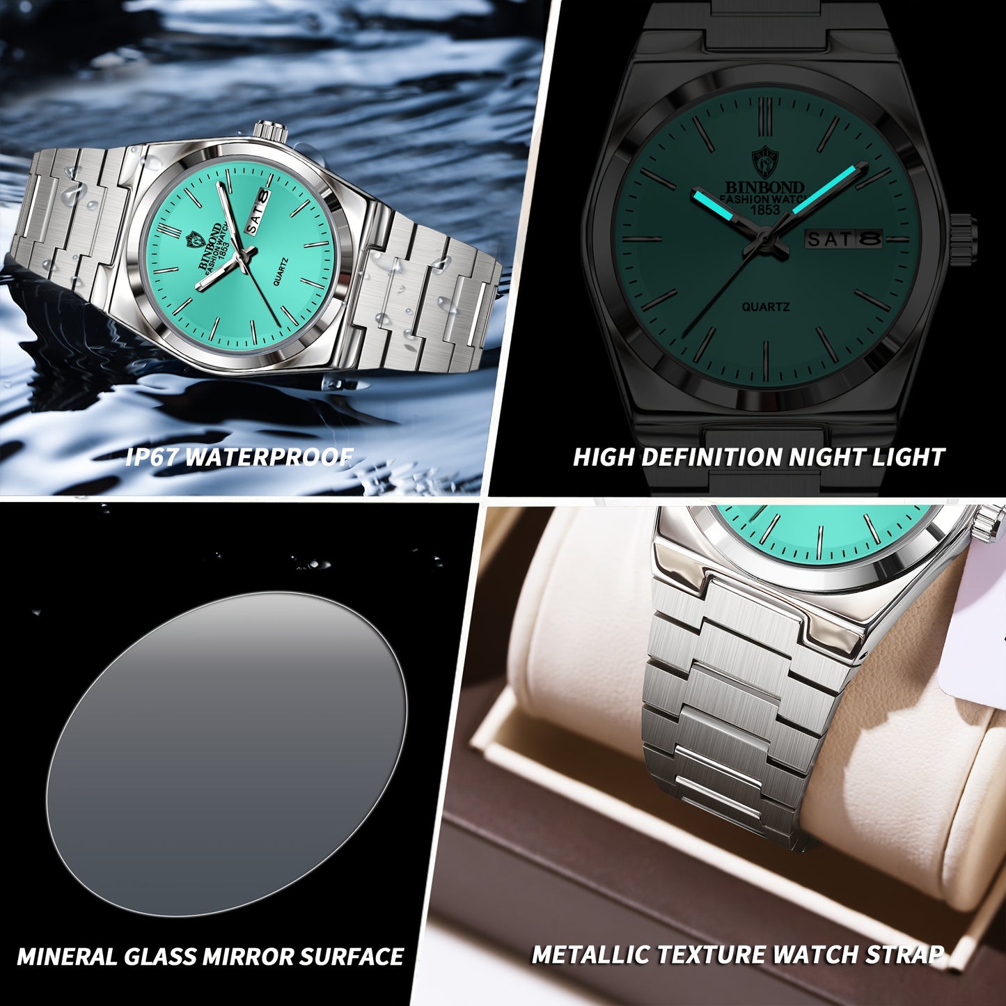 BINBOND Women's Elegant Quartz Watch, Stainless Steel Band, Aqua Green Dial, Date Display, IP67 Rated, Zinc Alloy Case, Perfect for Business or Casual Wear, Casual Wristwatch | Luxury Fashion Accessory | Sophisticated Aesthet