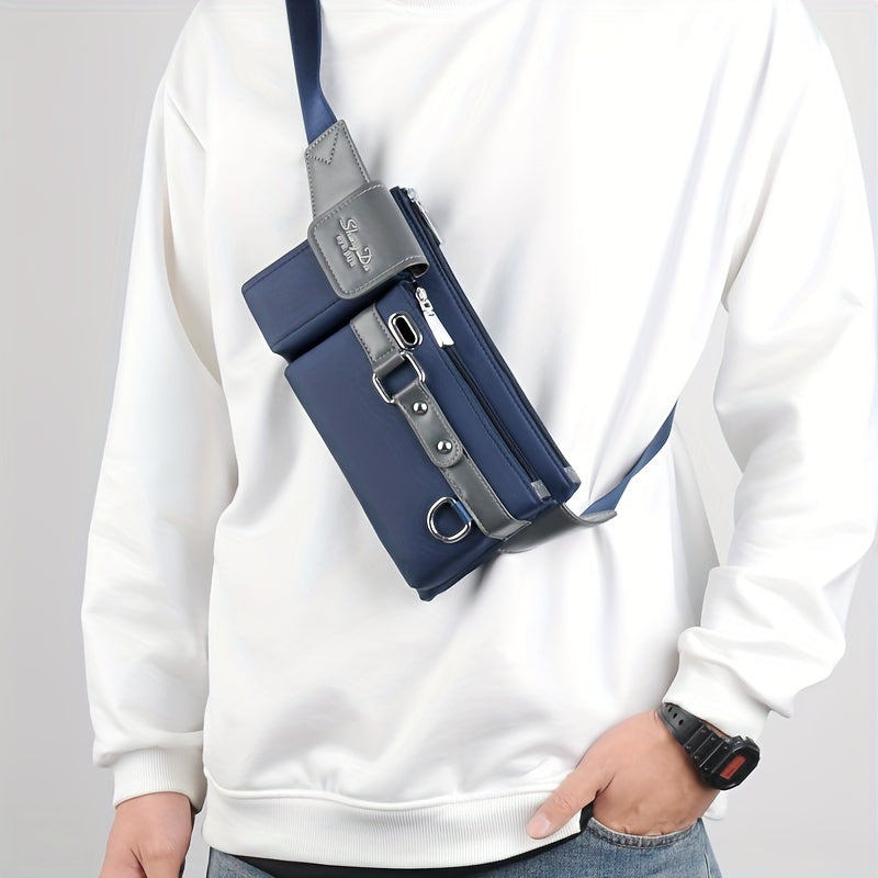 Men‘S Casual Oxford Chest Bag – Multi-Function Phone Bag with Zip Closure, Daily Commute Hollow Design Shoulder Bag with Adjustable 100Cm Strap (No Print)