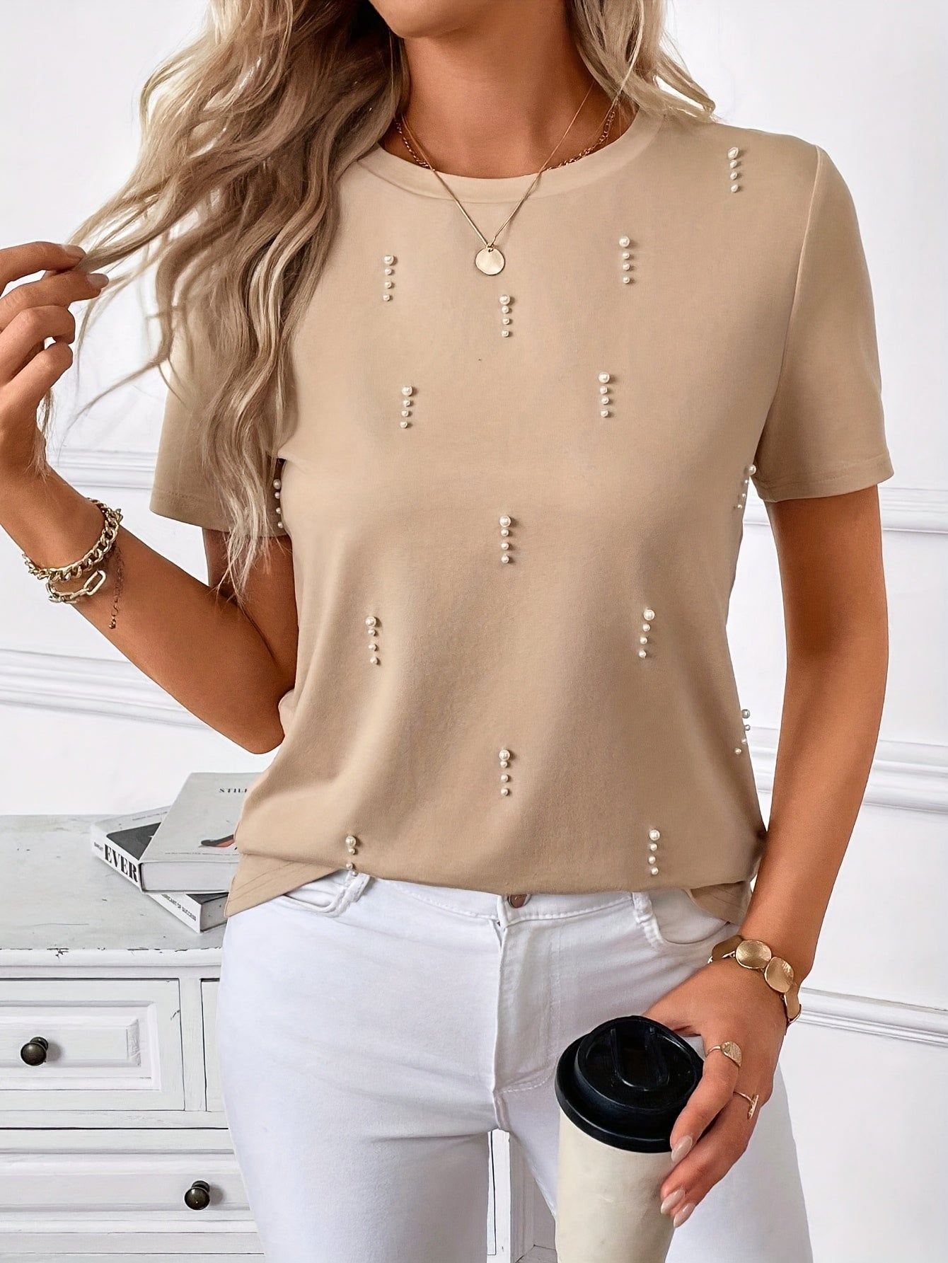 Women'S Beaded Embellished Short Sleeve T-Shirt - Round Neck Casual Top for Spring & Summer, Lightweight Polyester Blend, Elegant Beaded Detailing, Perfect for Casual Attire