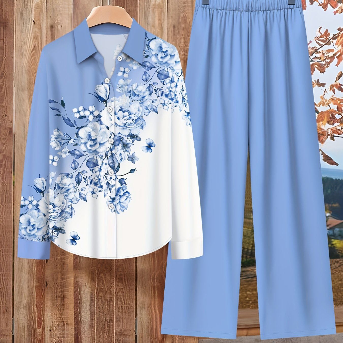 Women'S Elegant Set of Contrasting Floral Print Long-Sleeve Lapel Shirt Top And Solid Color Loose Pants Two-Piece Set