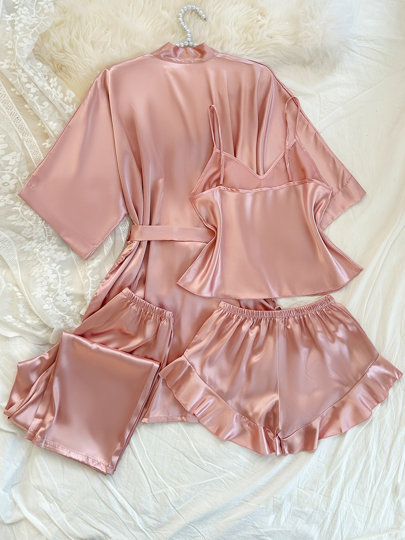 Women'S All-Season V-Neck Pajama Set - Comfortable, Sexy, Polyester 4pcs Sleepwear with Tie Waist And Drawstring Shorts, Perfect for Autumn And Winter, Autumn Winter Sleepwear | Stylish Sleepwear | Polyester Fabric
