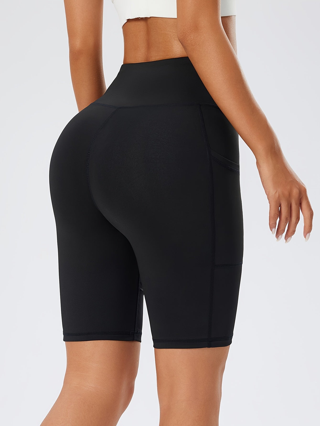 Women's High-Waist Black Yoga Shorts with Pockets - Tummy Control, Stretchy Running & Workout Leggings, Durable Polyester/Spandex Blend, Sleek Design