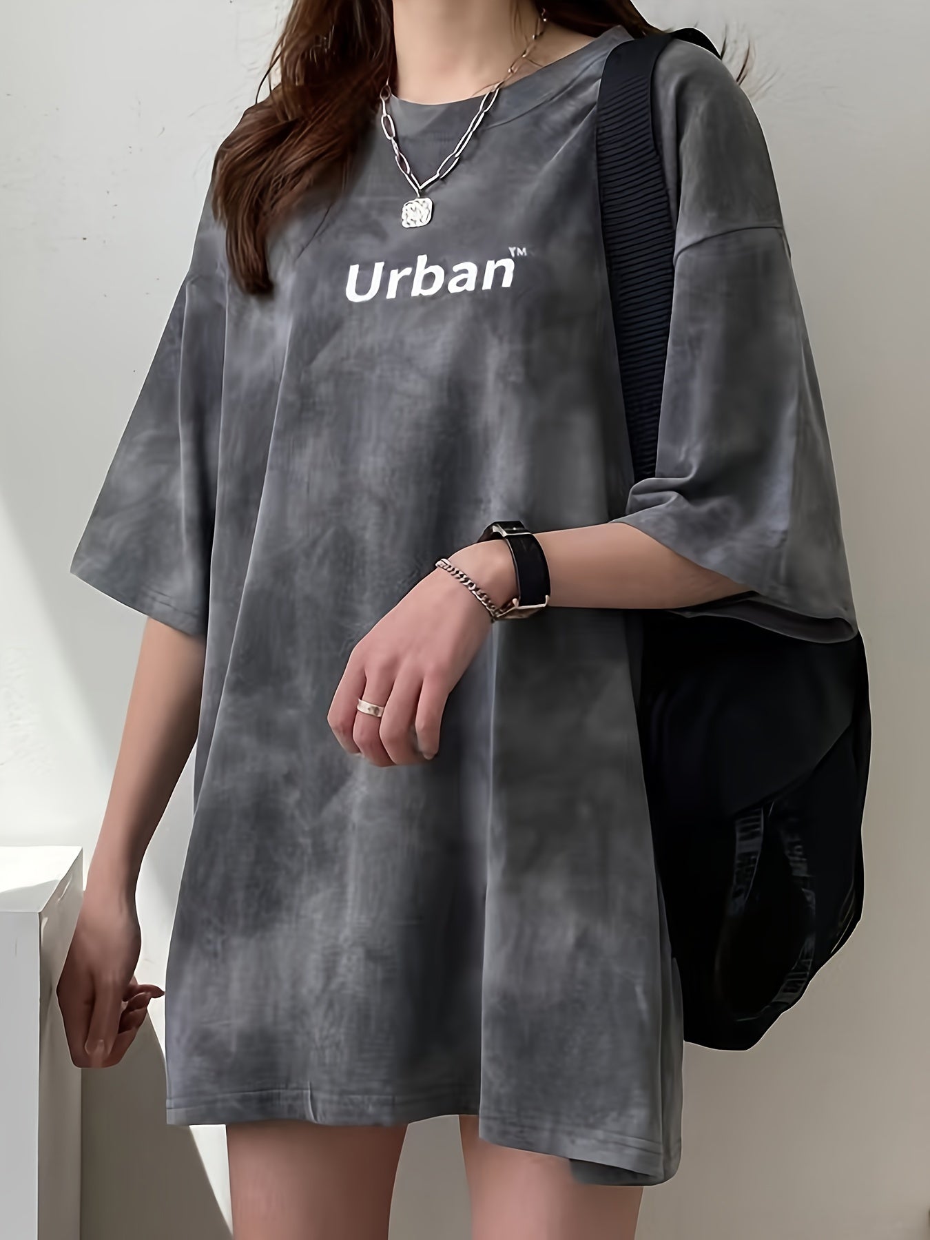 Women's Fashionable Tie-Dye Letter Print Comfortable Casual Loose Short Sleeve Top & Side Pocket Shorts Set - Summer Sporty Outfit in Gray, Polyester/Spandex Blend