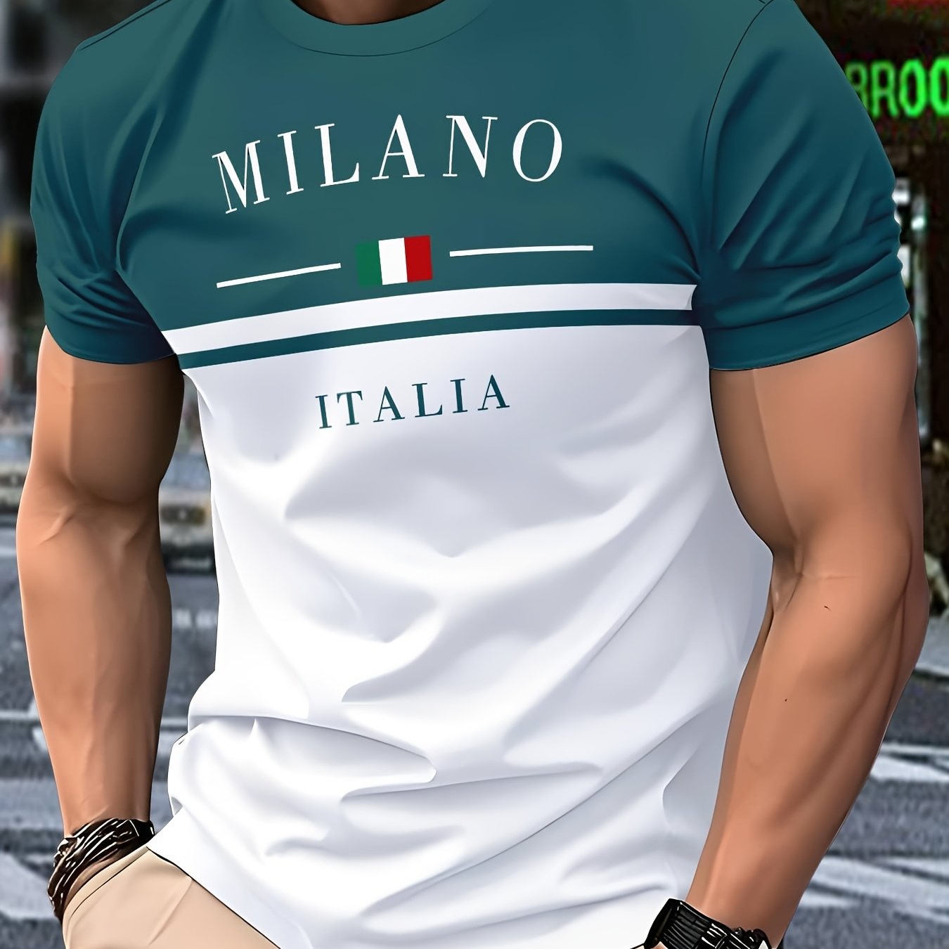 Men's casual short-sleeve round-neck striped polyester knit T-shirt, breathable, 110g/m², slightly stretchy, regular fit, smooth texture, suitable for summer weekend wear