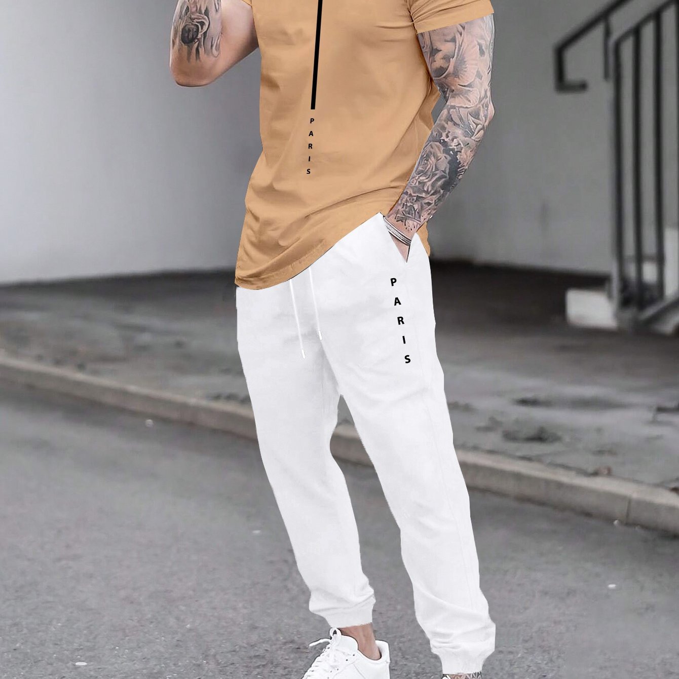 1set Men'S Casual Sportswear Set, Geometric Pattern Short Sleeve T-Shirt and Drawstring Joggers, Knitted Polyester and Elastane Blend, Round Neck, Regular Fit, Four Seasons Outfit