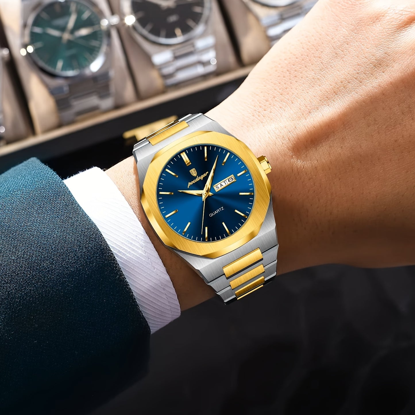 POEDAGAR Men'S Luxury Quartz Watch - Waterproof, Luminous Calendar, Stainless Steel Band, Business Style, Blue & Golden Accents, 3ATM, Non-Rechargeable Button Battery, Perfect for Spring Festival & Valentine'S Day Gifts