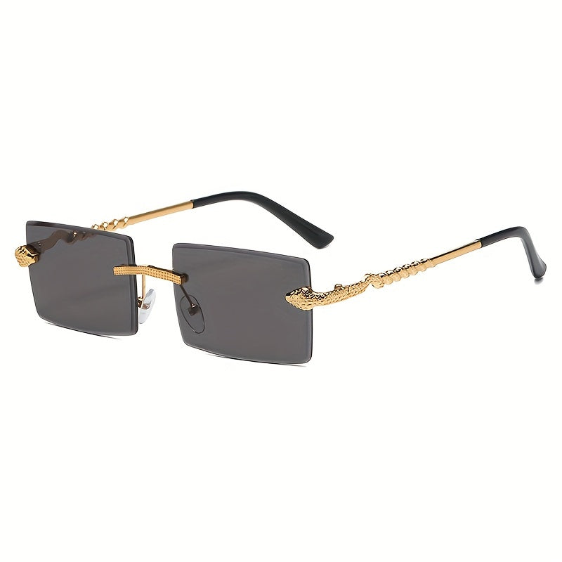 Vintage Style Square Rimless Glasses with Snake Design, Zinc Alloy Frame, Black Lenses, ENSARJOE
