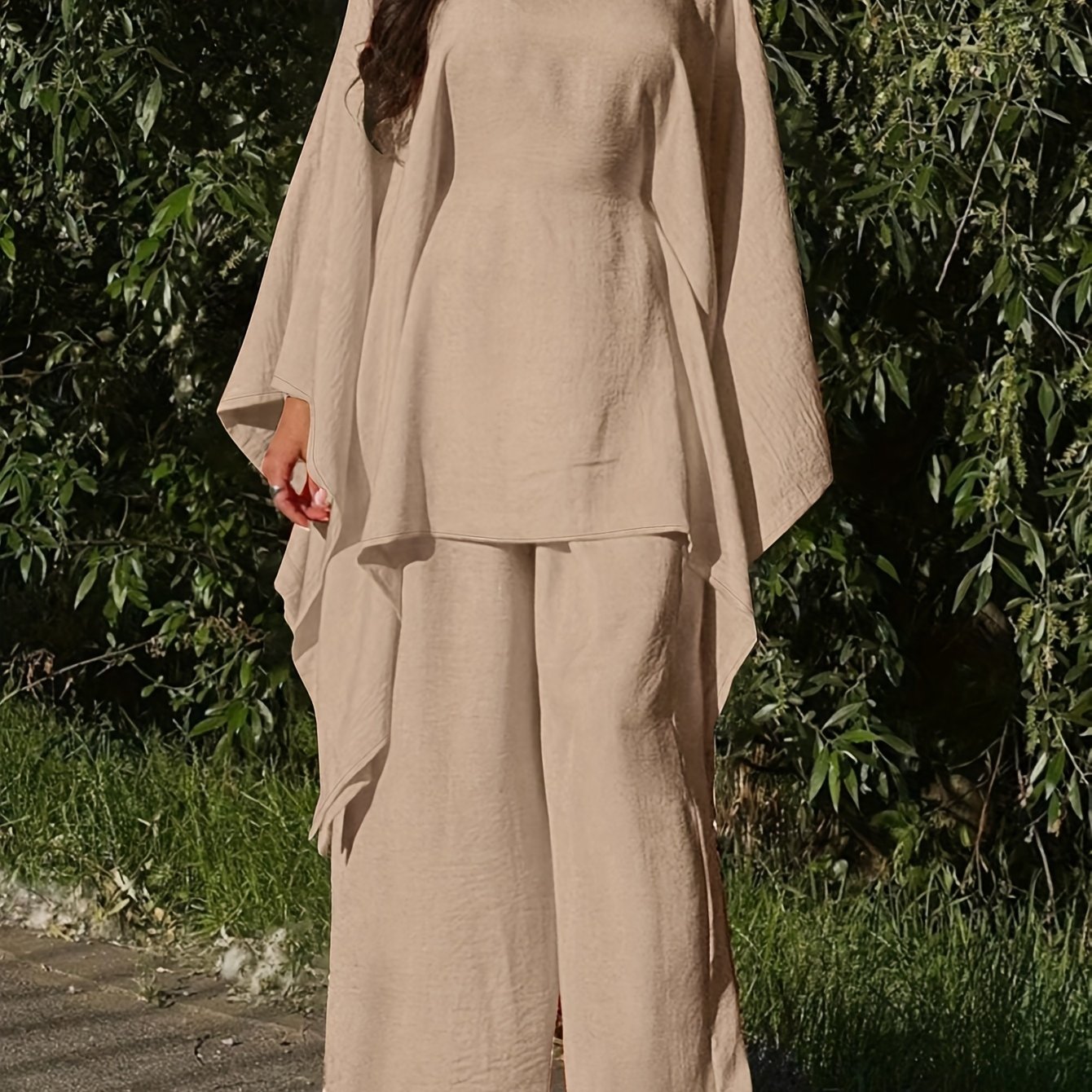 Women'S Holiday Casual Elegant Waist-Cinched Batwing Sleeve Loose Set - Solid Color, All-Season, Allseason Attire|Casual Elegance|Waist Cinching