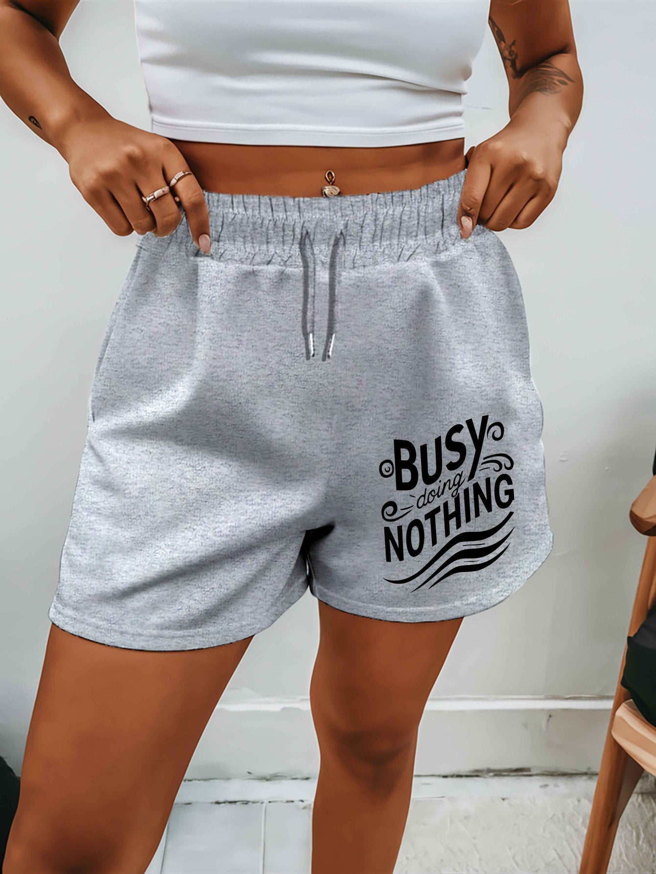 Busy doing nothing 2025 New Plus Size Women'S Shorts Summer Casual Versatile Medium Pants Sports American Trendy Outerwear Extra Large Five-Fifth Pants Summer Beach Pants - Polyester, Casual, Summer, Track Shorts, Slight Stre