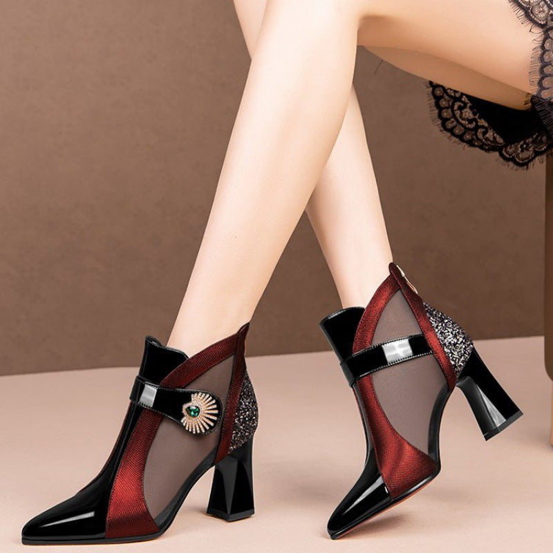 Geometric Pattern Sexy Heeled Sandals, Pointed Toe Zipper Closure, Mid Block Heel, Polyurethane Upper/Inner, Rubber Sole, Non-Washable - Fashionable Hollow Out Mesh Boots for Spring/Summer