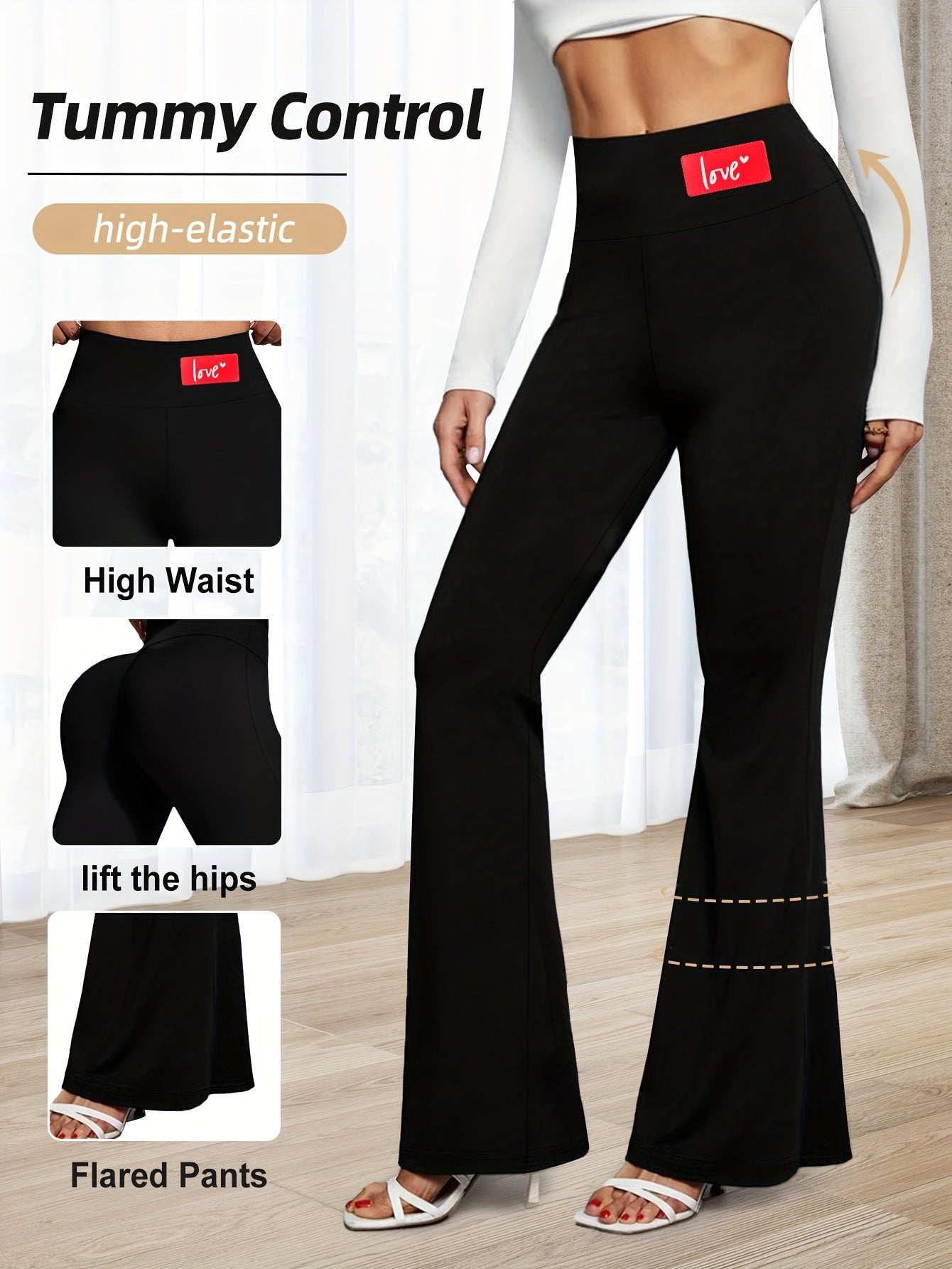 High-Waisted Flared Leggings for Women - Stretchy Black Polyester Pants with Tummy Control, Slimming Fit, and Breathable Design for Spring/Summer/Fall Casual Wear, Spring Summer Leggings | Fitted Leggings | Elastic Waistband