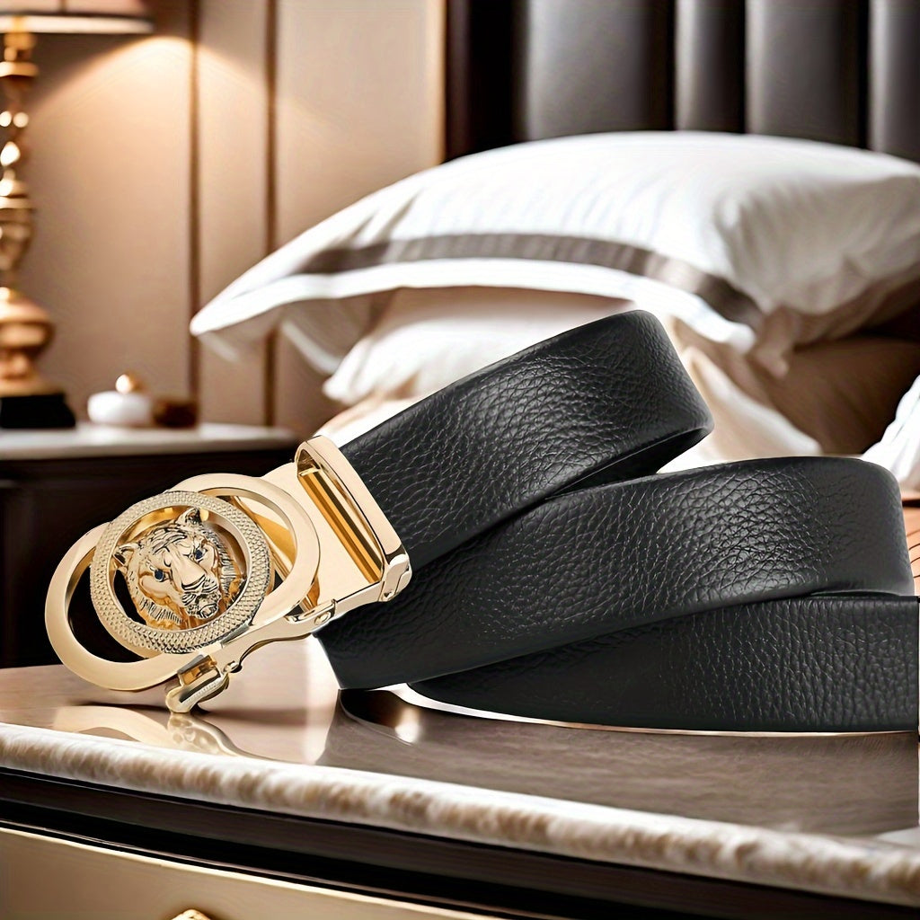 1pc Men'S Automatic Buckle Faux Leather Belt - Elegant Black Business Style with Golden-Tone Buckle, Perfect for Weddings, Business, and Casual Wear - Ideal Gift for Husband or Dad, Formal Belt | Sophisticated Belt | Durable
