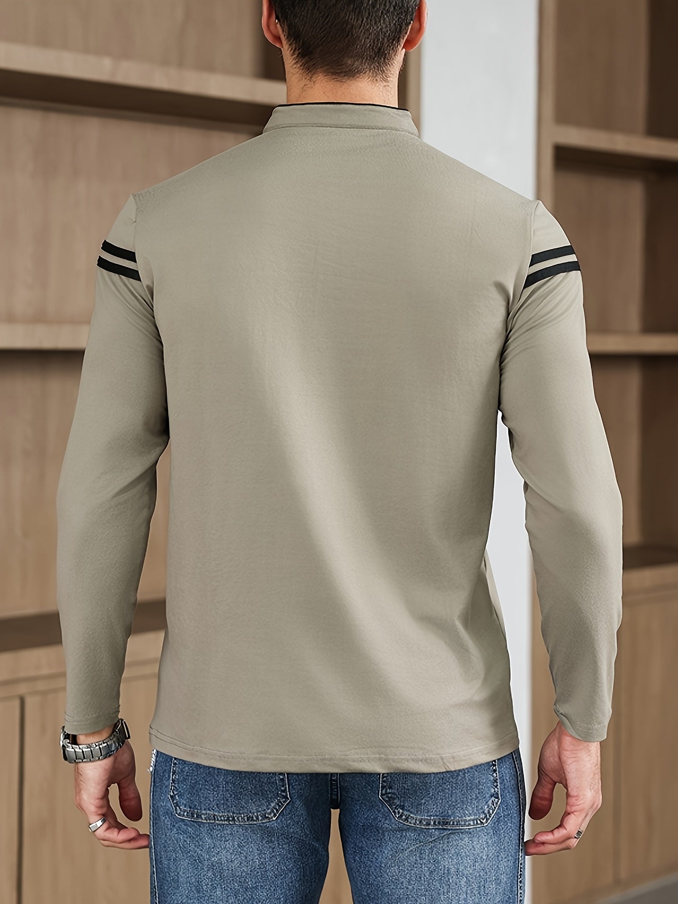 Men'S Casual Long Sleeve T-Shirt - Solid Color with Stand Collar & Stripe Polo, Button-Up Front, Ideal for Outdoor Activities