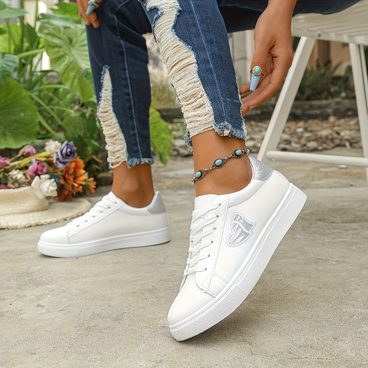 Women'S White Faux Cover Casual Sneakers - Low-Top Lace-Up Shoes with Heart Design, Rubber Sole, All-Season Comfort, Casual Footwear | Heart Detail Shoes | Synthetic Cover Sneaker