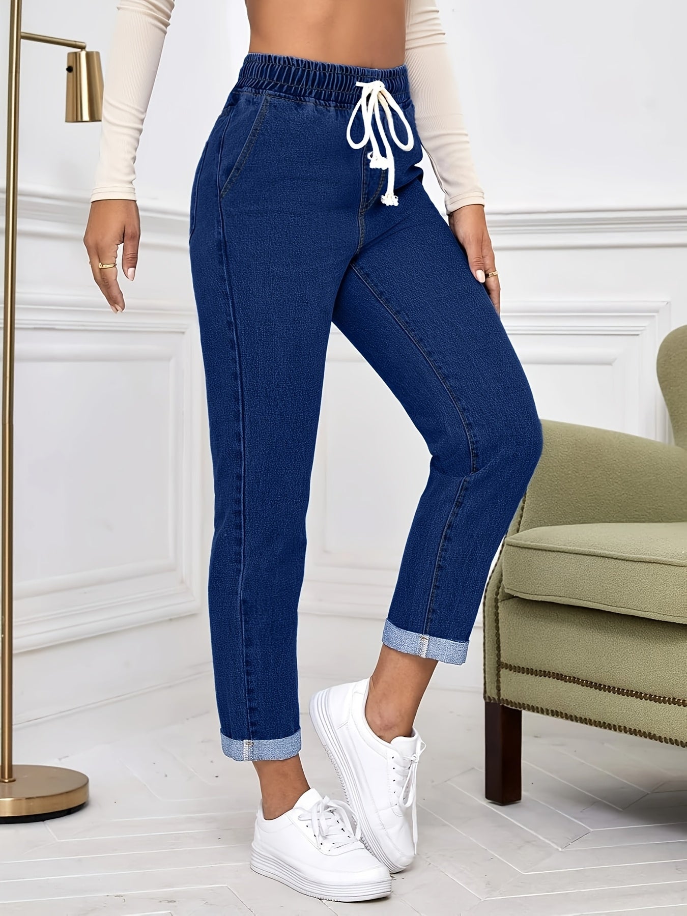 Women's Stretch Denim Tapered Jeans with Elastic Waistband & Rolled Cuffs - Light Wash, Mid-Rise, Versatile Casual Style for Spring/Summer/Fall, Casual Denim Wear | Modern Tapered Jeans | Smooth Texture Jeans