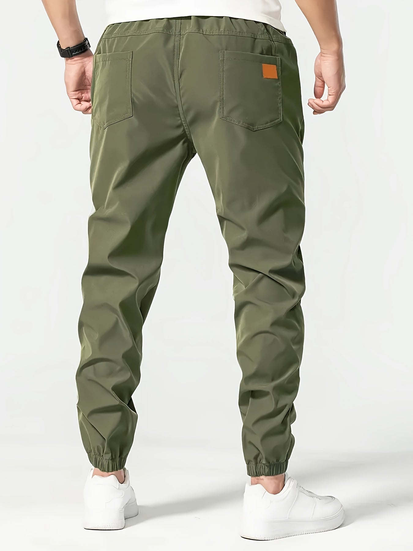 Men's Solid Color Drawstring Cargo Pants - Casual, Loose Fit with Multiple Pockets, Machine Washable