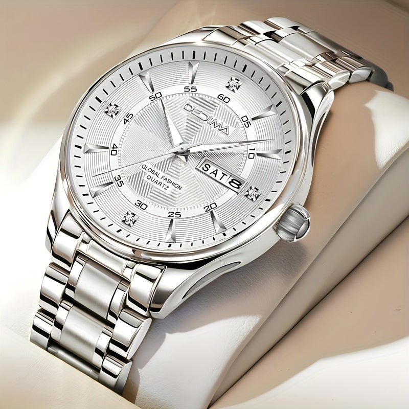 Stainless Steel Men's Quartz Watch with Luminous Hands, Dual Calendar, Date Display & High Quality IPX7 - Golden-Tone Dial, Accents for Business, Casual, Travel - Ideal Birthday Holiday Gift, Business Casual Watch | Sleek Met