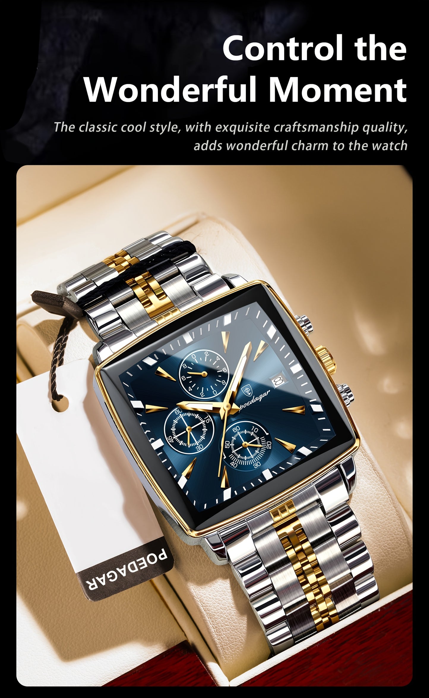 POEDAGAR Men's Stainless Steel Luminous Watch - Blue Dial Chronograph, High Quality Quartz Movement with Date Calendar, Golden-Tone Accents for Business Casual & Casual Attire, Formal Accessory, Stylish Accessory, Refined Cra