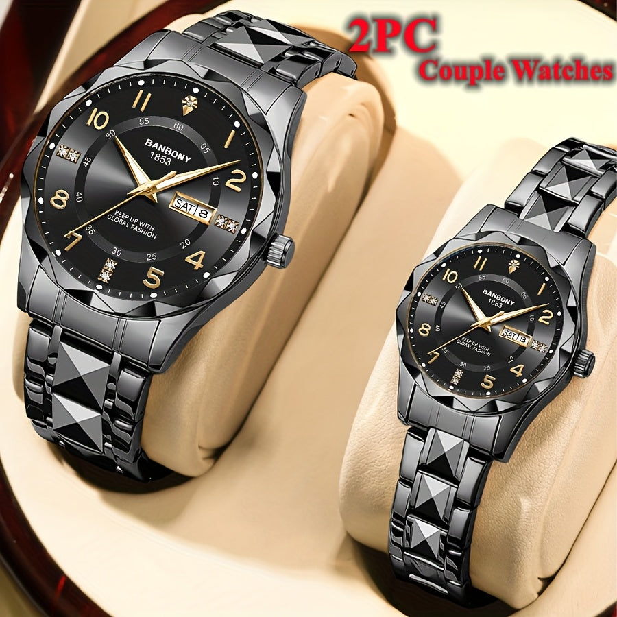 2pcs BNDBONY Brand Men And Women Couples Quartz Watch Stainless Steel Strap Scratch-Resistant Wear Luminous Pointer Digital Simple Hd Disc IPX7 Waterproof Fashion Multifunctional Couples Watch Holiday Couples Lover Birthday G